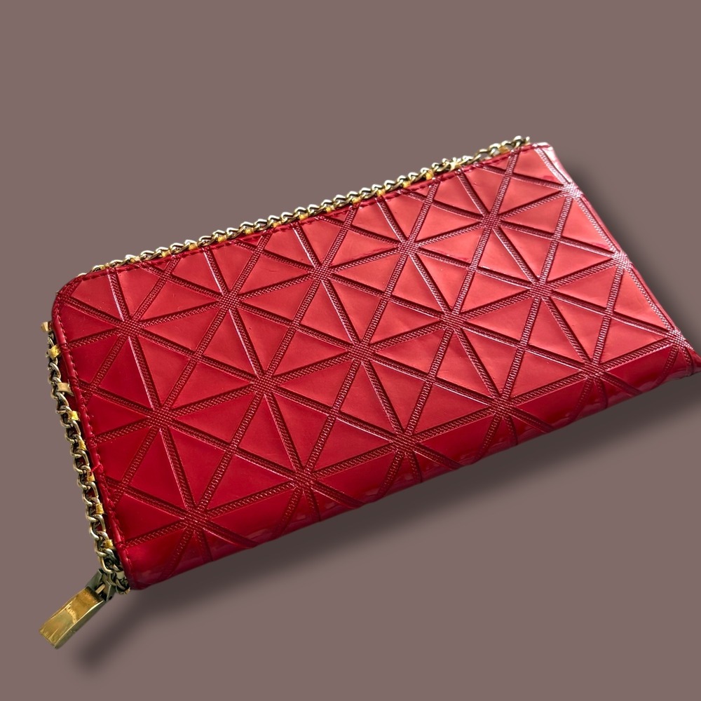 Red Patent Geometric Quilted Zip Around Wallet with Gold Chain Trim Detail